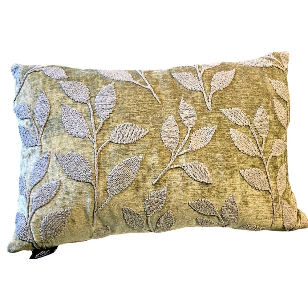 Vintage Velvet Throw Pillow MilliHome Olive Raised Leaf Embroidery 20"X14"‎ Down